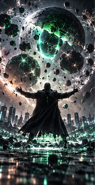 QTC facing the worlds — cracked glowing-green planetary spheres over a city skyline